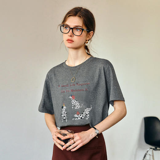 OLrain欧芮儿灰色短袖T恤女夏季2025年新款通勤印花百搭圆领上衣 商品图1