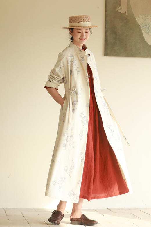 牧衣游原创 印花棉质风衣女新款设计感文艺质朴宽松长外套 山行 商品图5