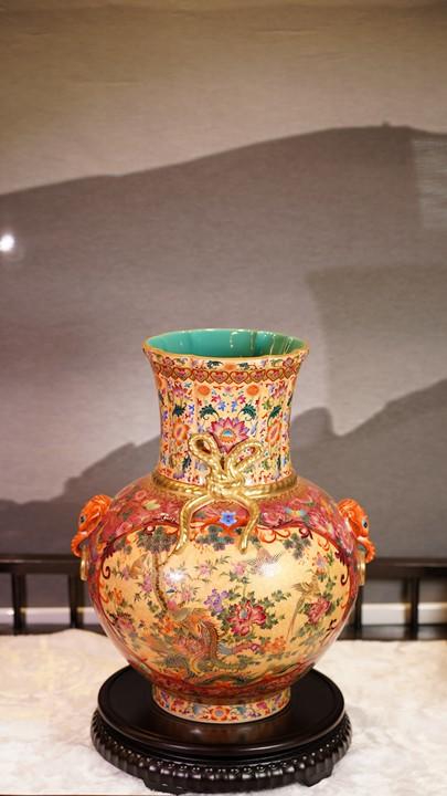 重工胭脂红开窗花鸟包袱双耳 商品图1