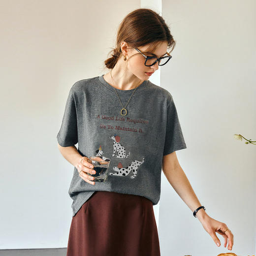 OLrain欧芮儿灰色短袖T恤女夏季2025年新款通勤印花百搭圆领上衣 商品图0