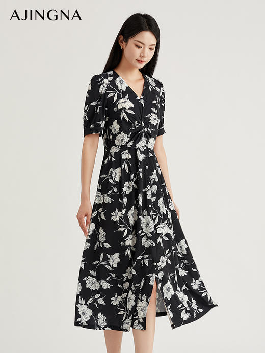 【商场同款】阿菁娜优雅黑白印花连衣裙A29C112010 商品图1