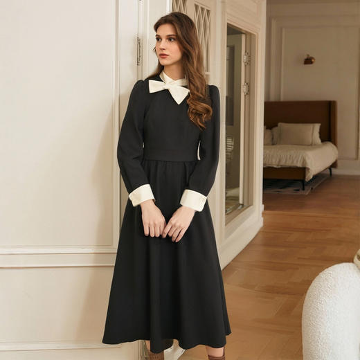 OLrain欧芮儿法式黑色连衣裙女春季2025新款赫本风蝴蝶结长裙 商品图0
