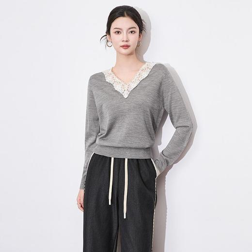 【高货wl】全新升级【铂金会员165/天猫219/差价54】(11430) 洛诗琳春秋法式高级感蕾丝花边拼接V领软糯羊毛针织上衣 商品图1