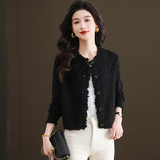 CC-103-66303春秋季小个子圆领外套女士2025新款洋气流苏针织亮片短款毛衣开衫 商品图3