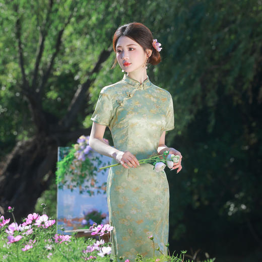 GX绿色中长款短袖旗袍2025春夏新款复古国风高考妈妈小个子日常旗袍 商品图0