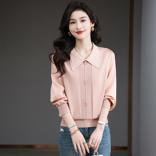 CC-BSM-737针织t恤女士娃娃翻领遮肚子显瘦上衣2025新款春秋打底衫 商品图1