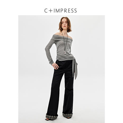 西嘉|时髦飒美休闲裤女2025春季新款高腰显瘦翻边撞色格子喇叭裤（KZ2501021） 商品图3