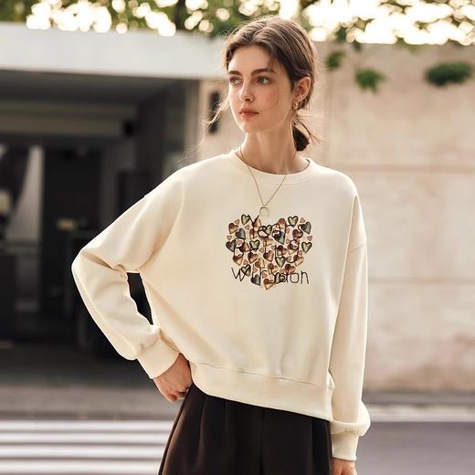 OLrain欧芮儿杏色圆领卫衣女冬季2024年新款法式印花刺绣长袖 商品图1