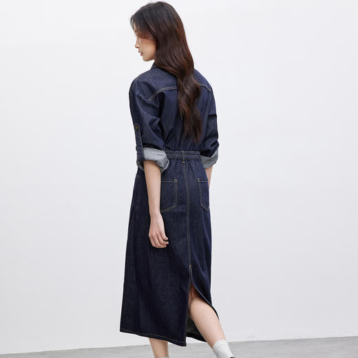 【内购】防褪色丹宁简约通勤翻领松紧腰明线系扣两穿超柔牛仔棉连衣裙-W51L58809 商品图2