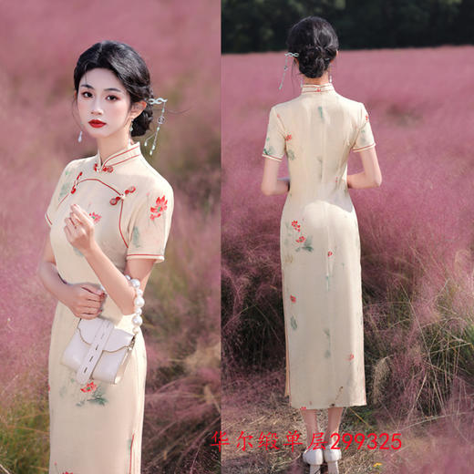 GX老上海复古中国风长款双襟短袖旗袍2025春夏新款素雅中式宴会旗袍 商品图3