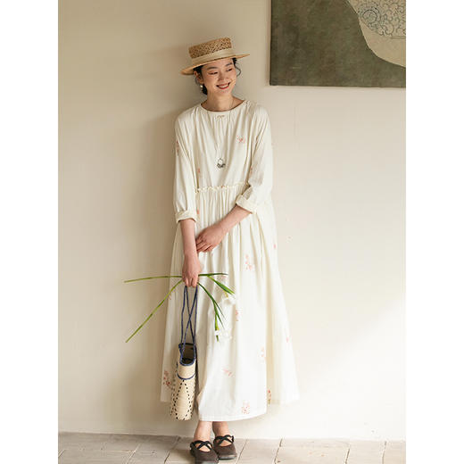 牧衣游原创 匹马棉绢丝混纺连衣裙新款轻薄素雅清新文艺长裙 木绵 商品图2