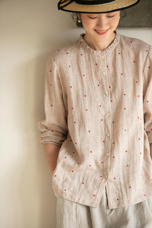 牧衣游原创 进口小雨点匹绣亚麻衬衫舒爽轻薄朴素文艺衬衣 南亭月 商品图5
