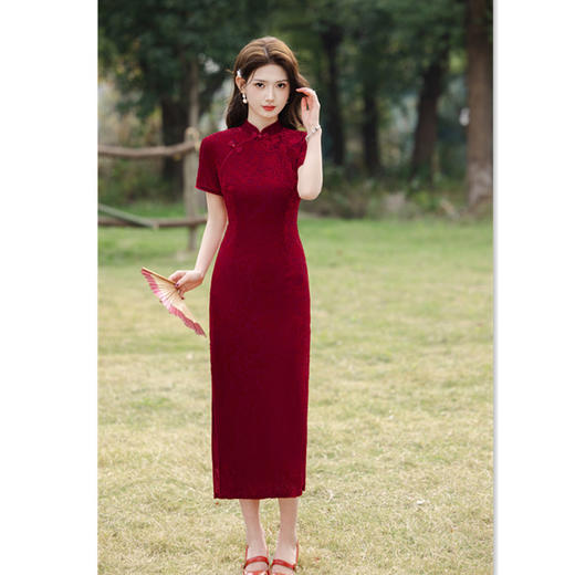 GX植绒双层长款短袖旗袍2025春夏新款复古国风喜妈妈婚宴旗袍连衣裙 商品图3