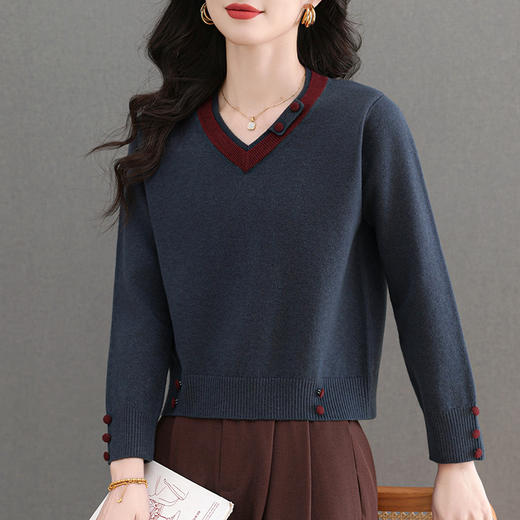 CC-103-A989春秋季新款洋气宽松V领长袖t恤女士针织上衣短款小个子打底衫 商品图0