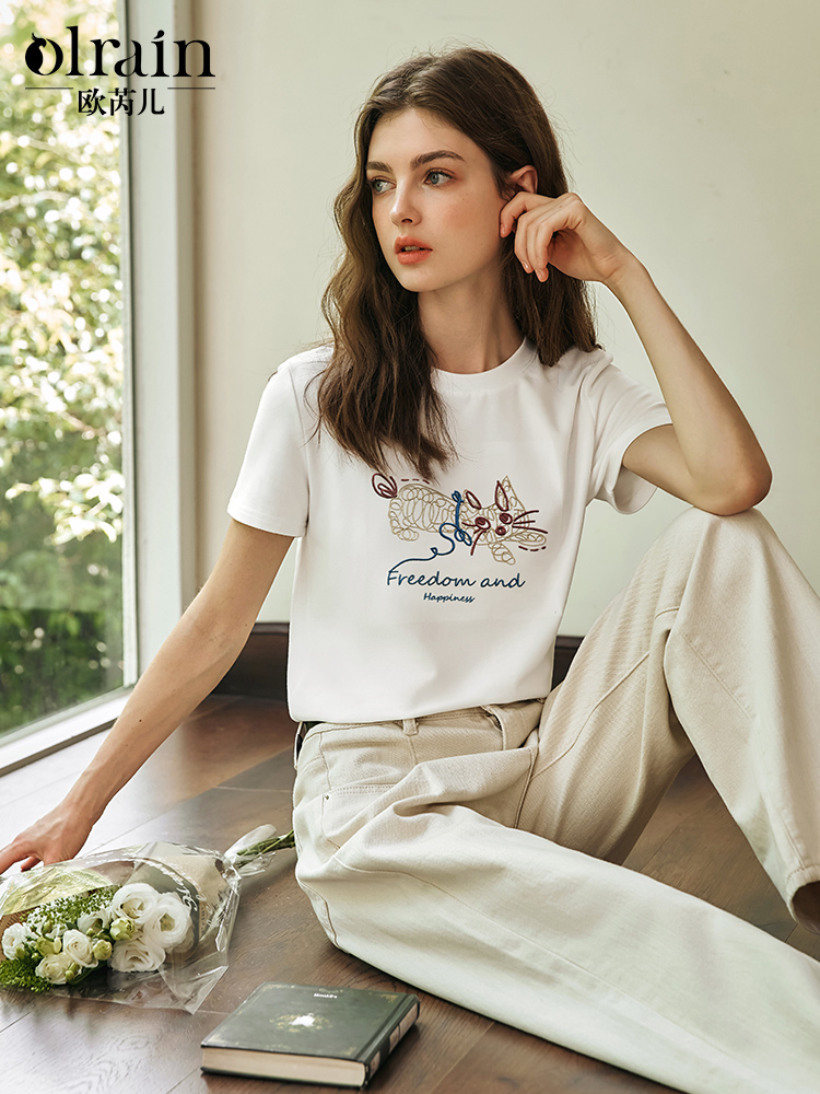 OLrain欧芮儿白色短袖T恤女春季2025年新款宽松趣味休闲刺绣上衣