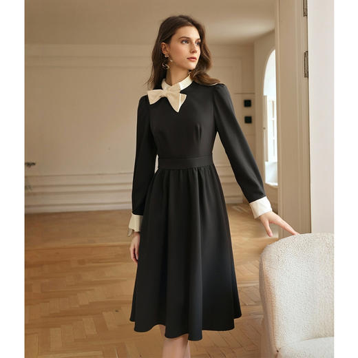 OLrain欧芮儿法式黑色连衣裙女春季2025新款赫本风蝴蝶结长裙 商品图3