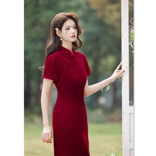 GX植绒双层长款短袖旗袍2025春夏新款复古国风喜妈妈婚宴旗袍连衣裙 商品图2