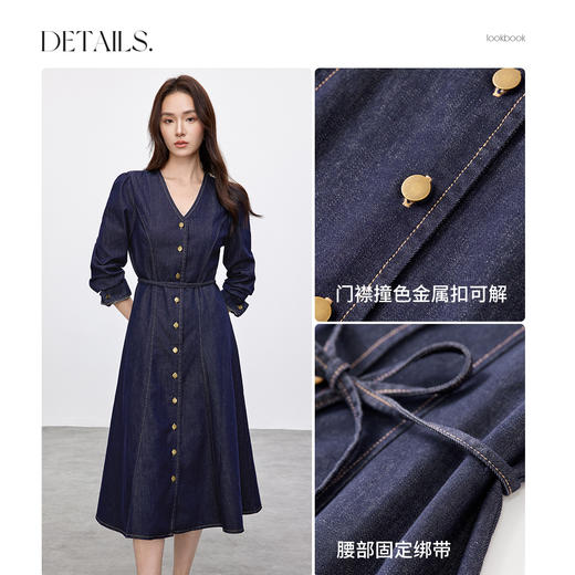【内购】防褪色丹宁简约通勤V领显瘦微落肩超柔牛仔棉连衣裙-W51L58810 商品图4