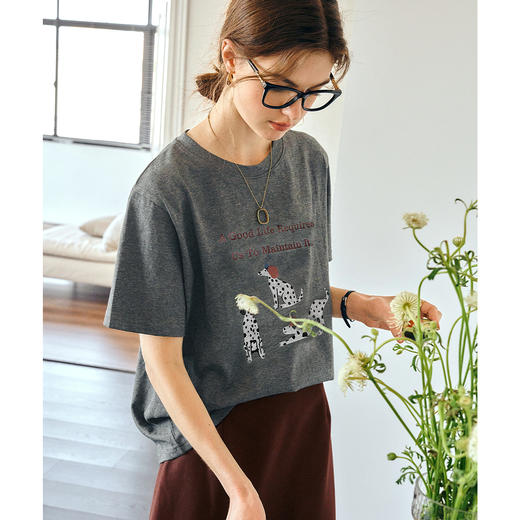 OLrain欧芮儿灰色短袖T恤女夏季2025年新款通勤印花百搭圆领上衣 商品图3