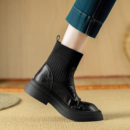 【预售5天】巨好穿~法式瘦瘦靴女秋冬加绒切尔西短靴弹力袜靴粗跟马丁靴NJMK&K1196 商品图4