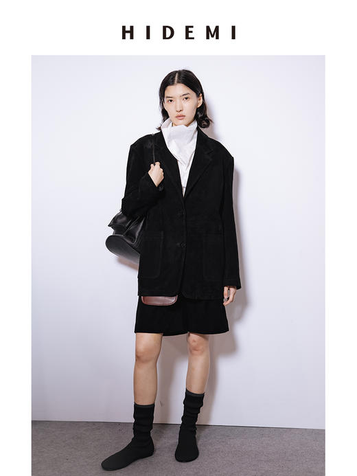 HIDEMI进口麂皮小男孩西裤中短裤极简绒面裤裙五分裤 黑色/墨绿色 商品图7