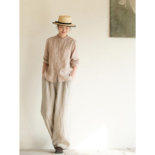 牧衣游原创 进口小雨点匹绣亚麻衬衫舒爽轻薄朴素文艺衬衣 南亭月 商品图2