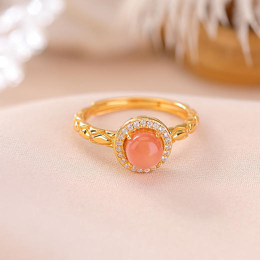 【曙霞】S925银镀金南红水红圆珠戒指【CW-JZ06910】 商品图1