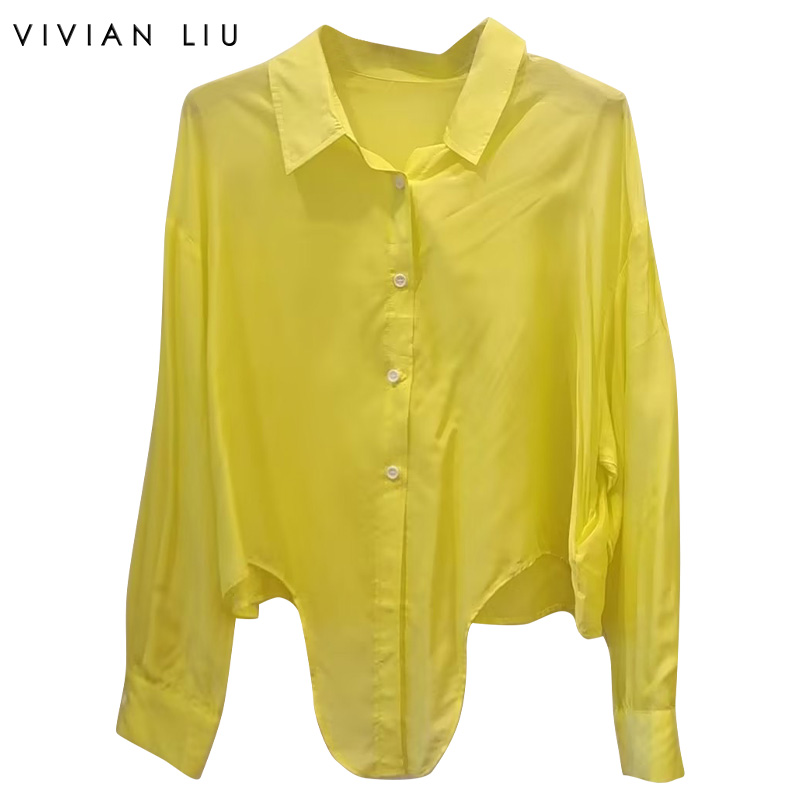VIVIAN LIU R2443008初秋新款时尚小翻领不规则下摆开衫长袖上衣
