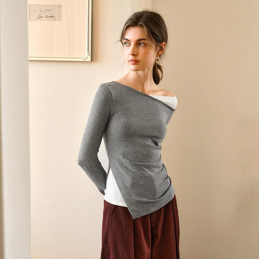OLrain欧芮儿灰色长袖T恤女春季2025年新款设计感不规则斜肩上衣 商品图0