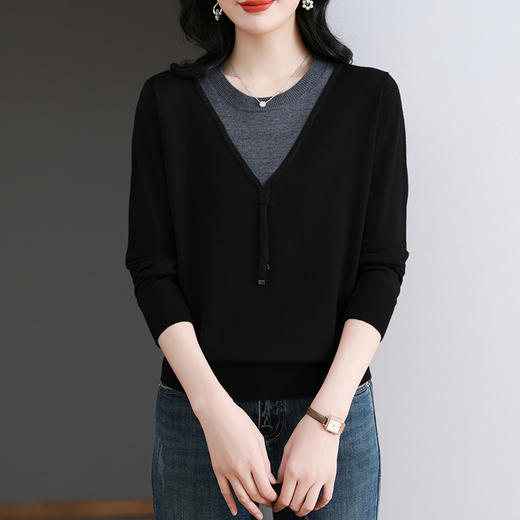 CC-BSM-718假两件针织衫t恤女士遮肚显瘦上衣2025新款春秋拼色打底 商品图2