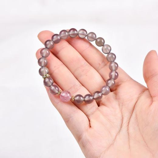 珩钻 天然玛瑙粉灰花语手串8mm  小众烟灰色轻奢精致草莓晶转运珠手链弹力绳带证书 商品图1