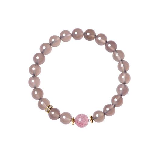 珩钻 天然玛瑙粉灰花语手串8mm  小众烟灰色轻奢精致草莓晶转运珠手链弹力绳带证书 商品图7