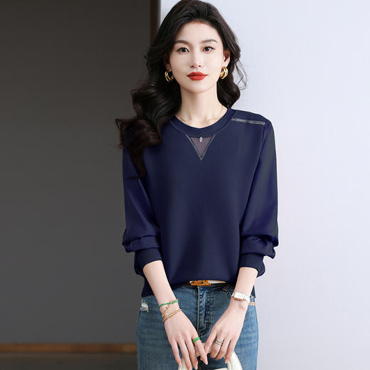 CC-BSM-730小个子针织拼接女士长袖2025春秋季新款雪纺宽松洋气打底网纱上衣 商品图1