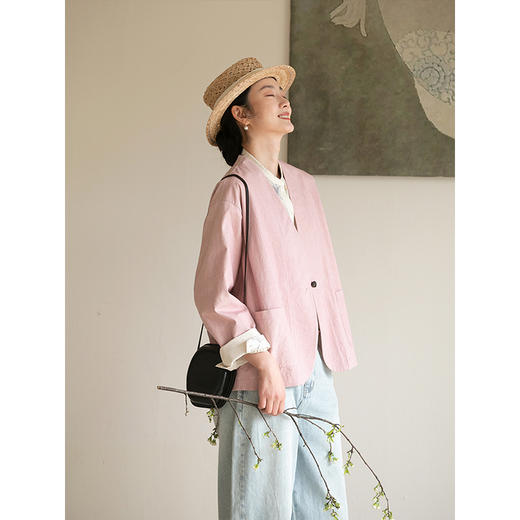 牧衣游原创 棉质净色短外套新款宽松粉色通勤百搭开衫薄款 江南雨 商品图3