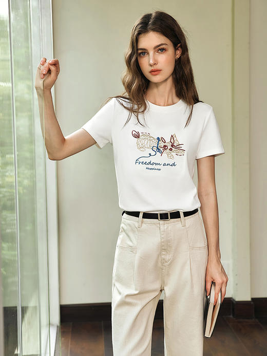 OLrain欧芮儿白色短袖T恤女春季2025年新款宽松趣味休闲刺绣上衣 商品图2