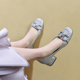 【预售5天】新款春季真皮水钻方头单鞋女中跟粗跟浅口气质软皮四季鞋NJMK&K150