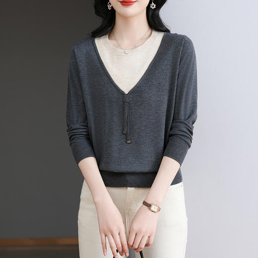 CC-BSM-718假两件针织衫t恤女士遮肚显瘦上衣2025新款春秋拼色打底 商品图1