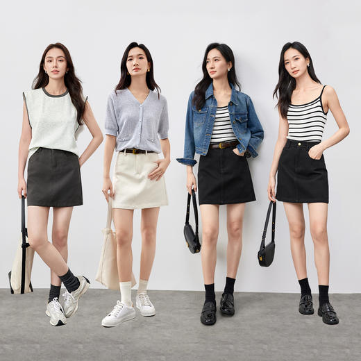 【内购】100%棉简约通勤撞色金属扣侧缝前移不走光显瘦A字短裙-W51Q58823 商品图3