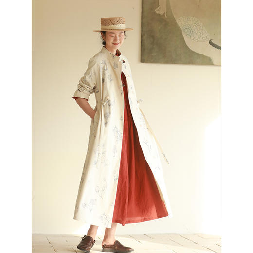 牧衣游原创 印花棉质风衣女新款设计感文艺质朴宽松长外套 山行 商品图2