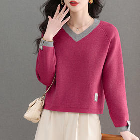 CC-103-A988V领短款毛衣女士2025春秋季新款小个子洋气拼色针织打底衫上衣服