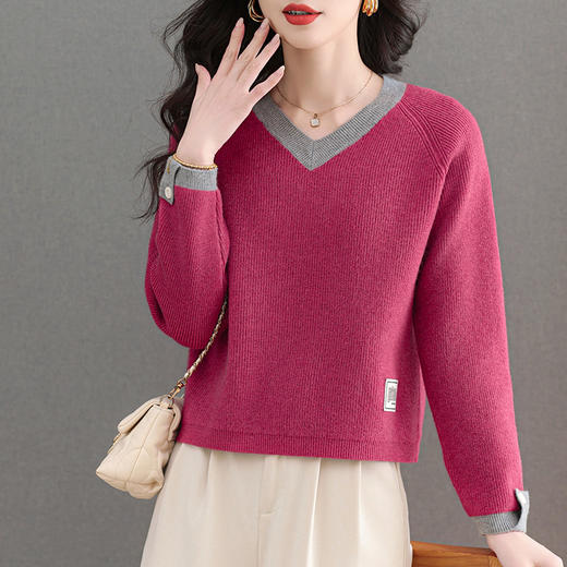 CC-103-A988V领短款毛衣女士2025春秋季新款小个子洋气拼色针织打底衫上衣服 商品图0