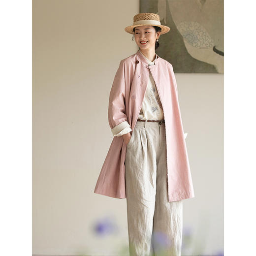 牧衣游原创 棉质净色风衣女新款减龄粉色文艺宽松外套中长款 浅舟 商品图2