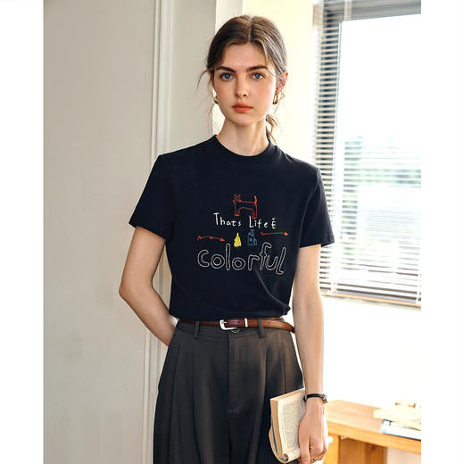 OLrain欧芮儿黑色短袖T恤女夏季2025年新款通勤趣味涂鸦刺绣上衣 商品图2