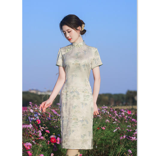 GX老上海复古中式绸缎提花短袖旗袍2025春夏新款民国女士中长款旗袍 商品图0
