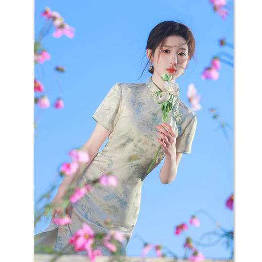 GX老上海复古中式绸缎提花短袖旗袍2025春夏新款民国女士中长款旗袍 商品图3