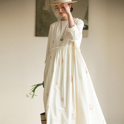 牧衣游原创 匹马棉绢丝混纺连衣裙新款轻薄素雅清新文艺长裙 木绵 商品图0