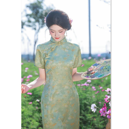 GX绿色中长款短袖旗袍2025春夏新款复古国风高考妈妈小个子日常旗袍 商品图2