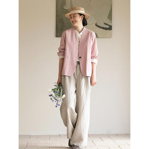 牧衣游原创 棉质净色短外套新款宽松粉色通勤百搭开衫薄款 江南雨 商品图2