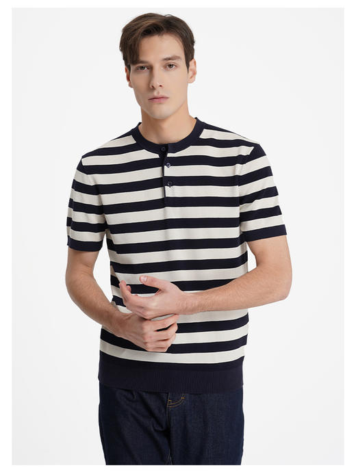 callisto松弛系列藏青条纹棉混纺T恤 商品图2