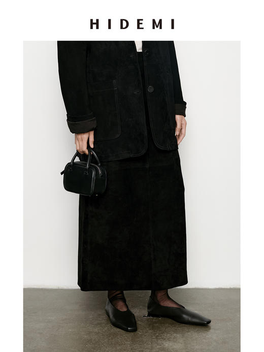 HIDEMI进口麂皮H型立体剪裁显瘦半身裙低腰皮裙绒面开衩复古长裙 商品图3